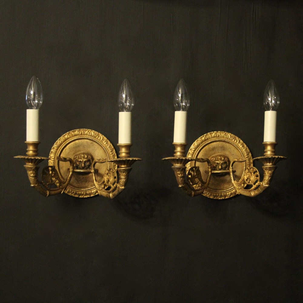 French Pair Of Gilded Bronze Lion Head Antique Wall Lights