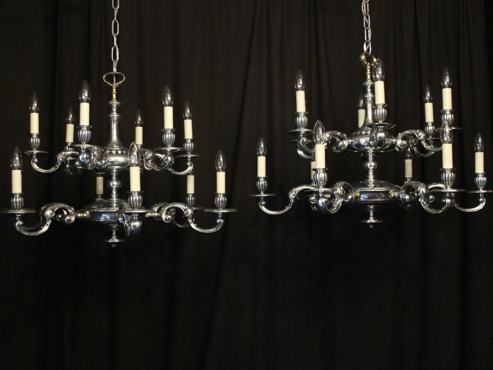 English Pair 12 Light Double Tiered Chandeliers