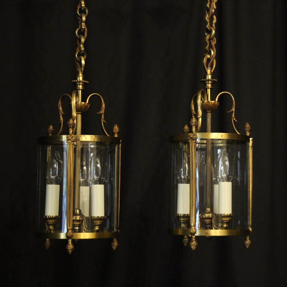 French Pair Of Gilded Convex Antique Hall Lanterns