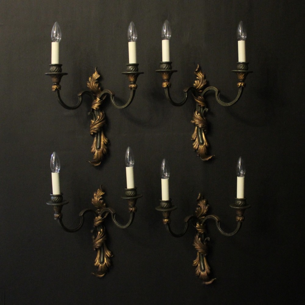 French Set Of 4 Polychrome & Toleware Twin Arm Wall Lights