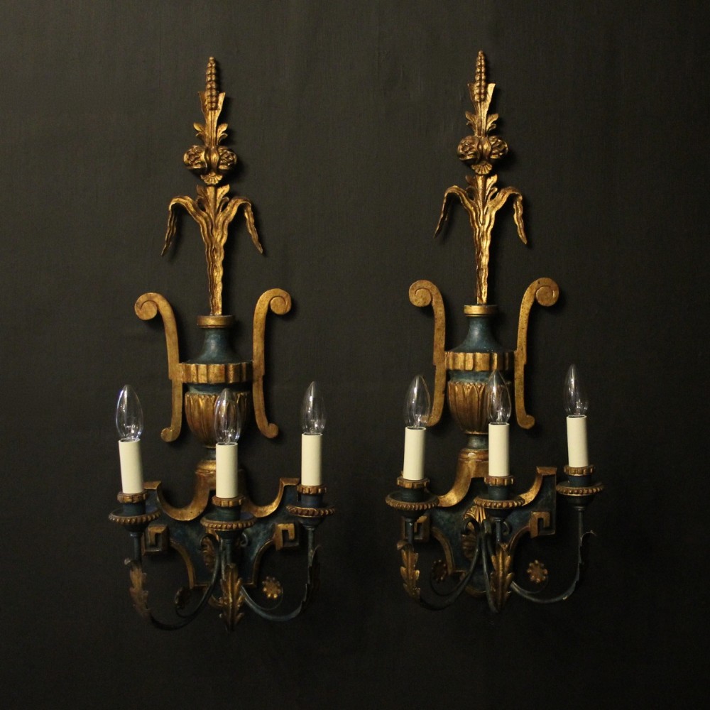 Florentine Pair Of Giltwood, Polychrome & Toleware Wall Lights