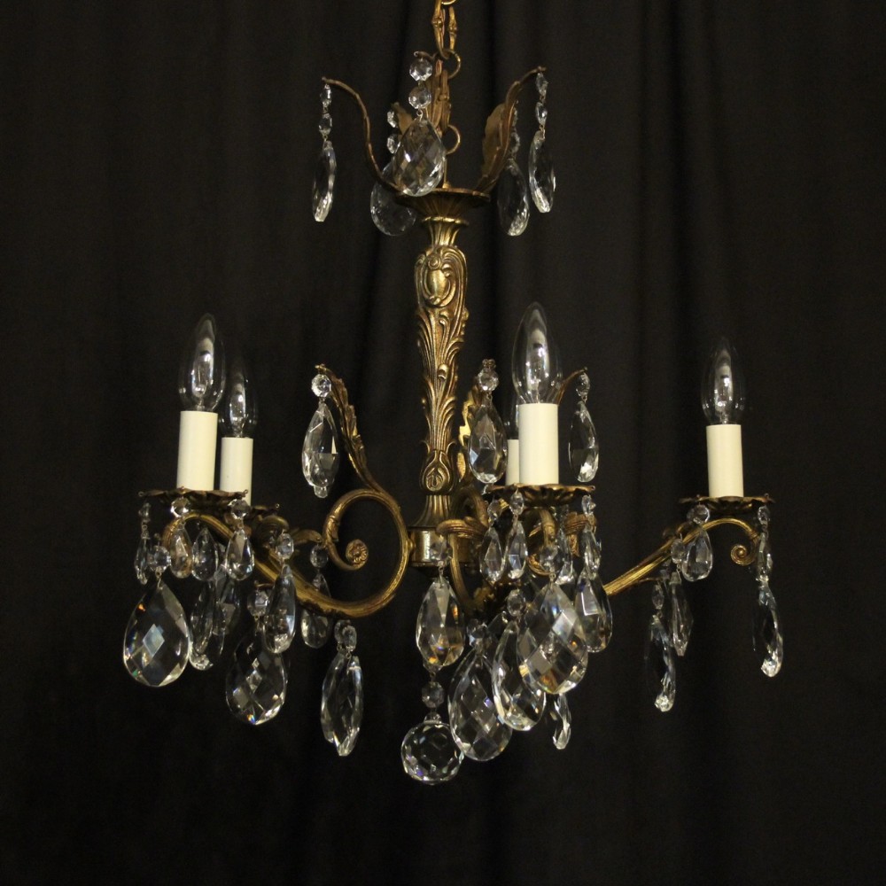 Italian Gilded Brass & Crystal 5 Light Antique Chandelier