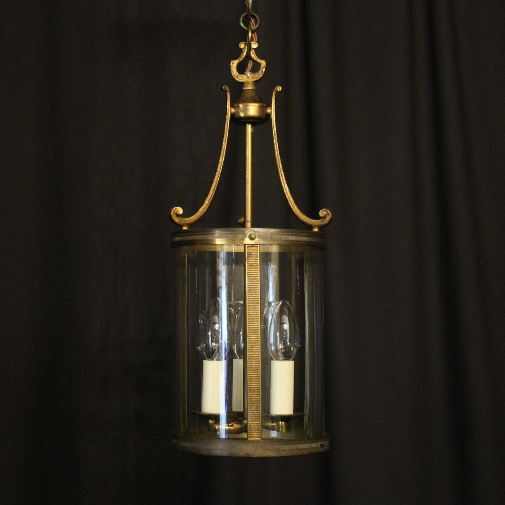 French Gilded Brass Triple Light Convex Antique Lantern