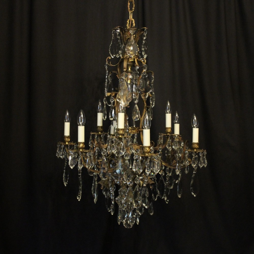 French Gilded Bronze & Crystal 13 Light Antique Chandelier