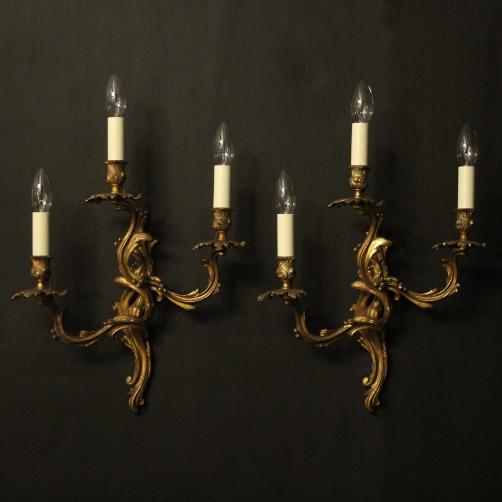 French Pair Of Triple Arm Gilded Wall Lights