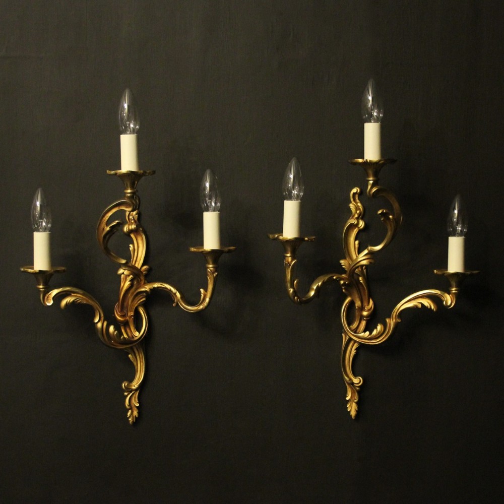French Pair Of Gilded Bronze Triple Arm Antique Wall Lights
