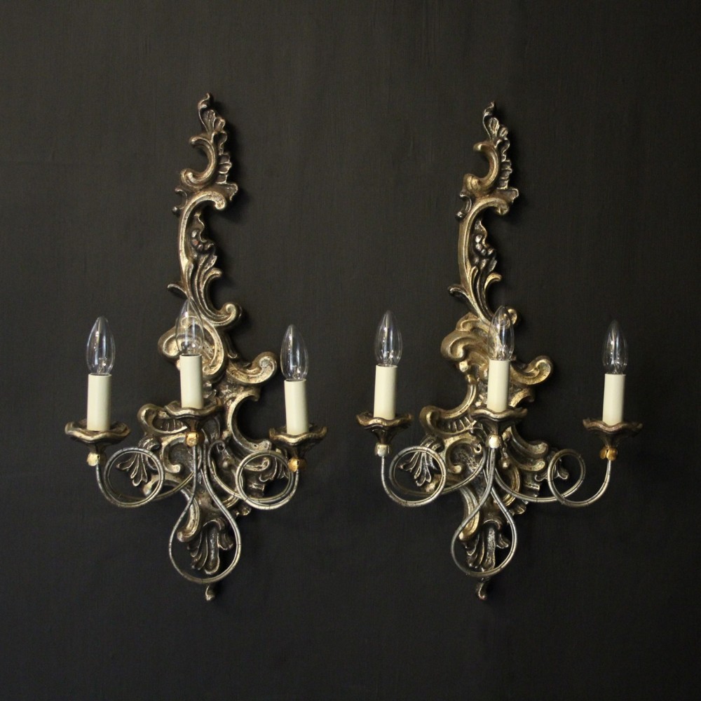 Florentine Pair Of Giltwood Triple Arm Wall Lights