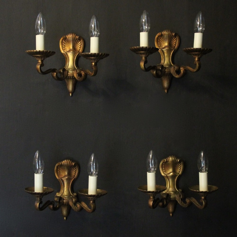 English Set Of 4 Gilded Twin Arm Antique Wall Lights