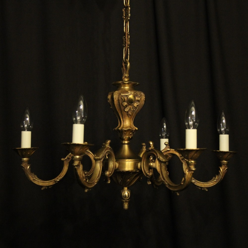 French Gilded Brass 6 Light Chandelier