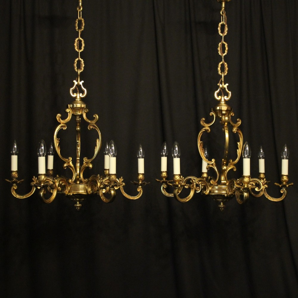 French Pair Gilded Bronze 6 Light Antique Chandeliers