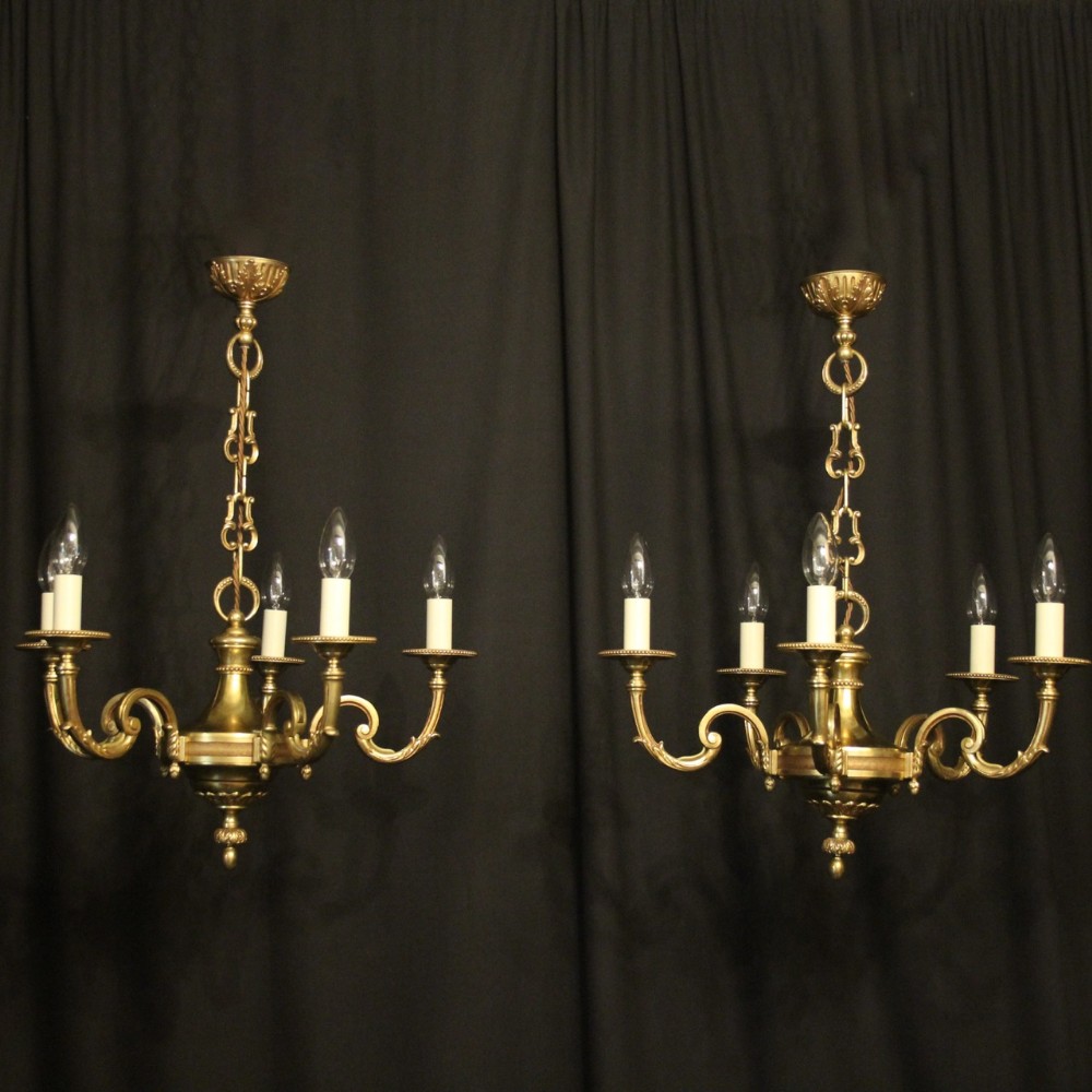 French Pair Of Bronze 5 Light Chandeliers