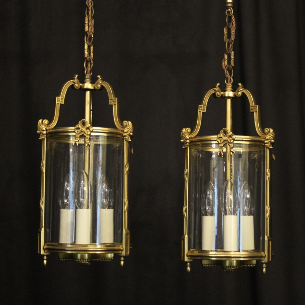 French Pair Of Gilded Convex Antique Hall Lanterns