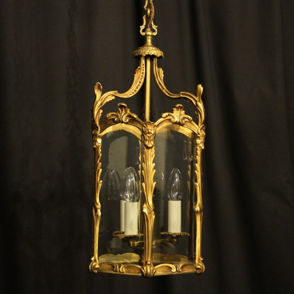 French Gilded Bronze Triple Light Antique Lantern