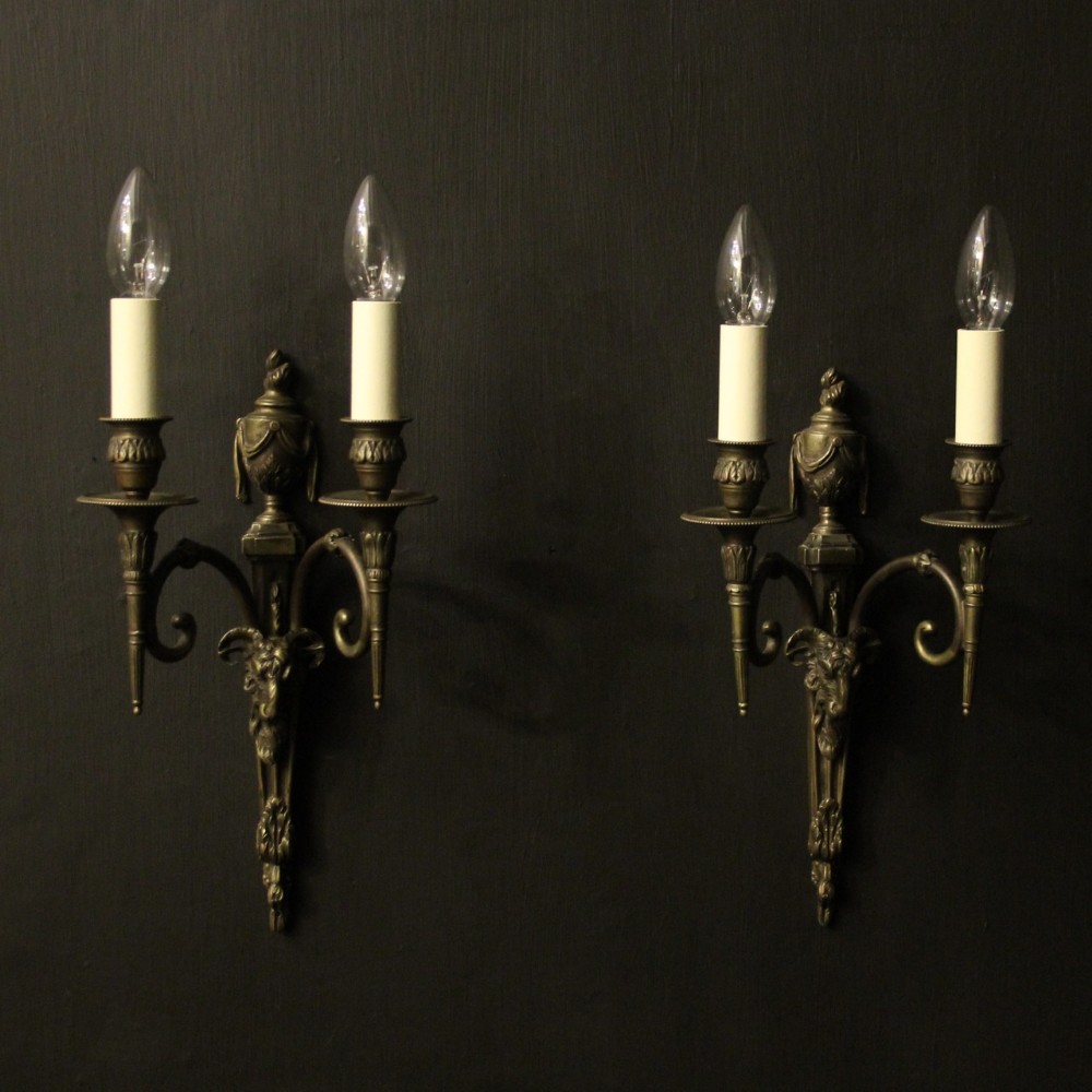 English Pair Of Bronze Ram Headed Wall Sconces
