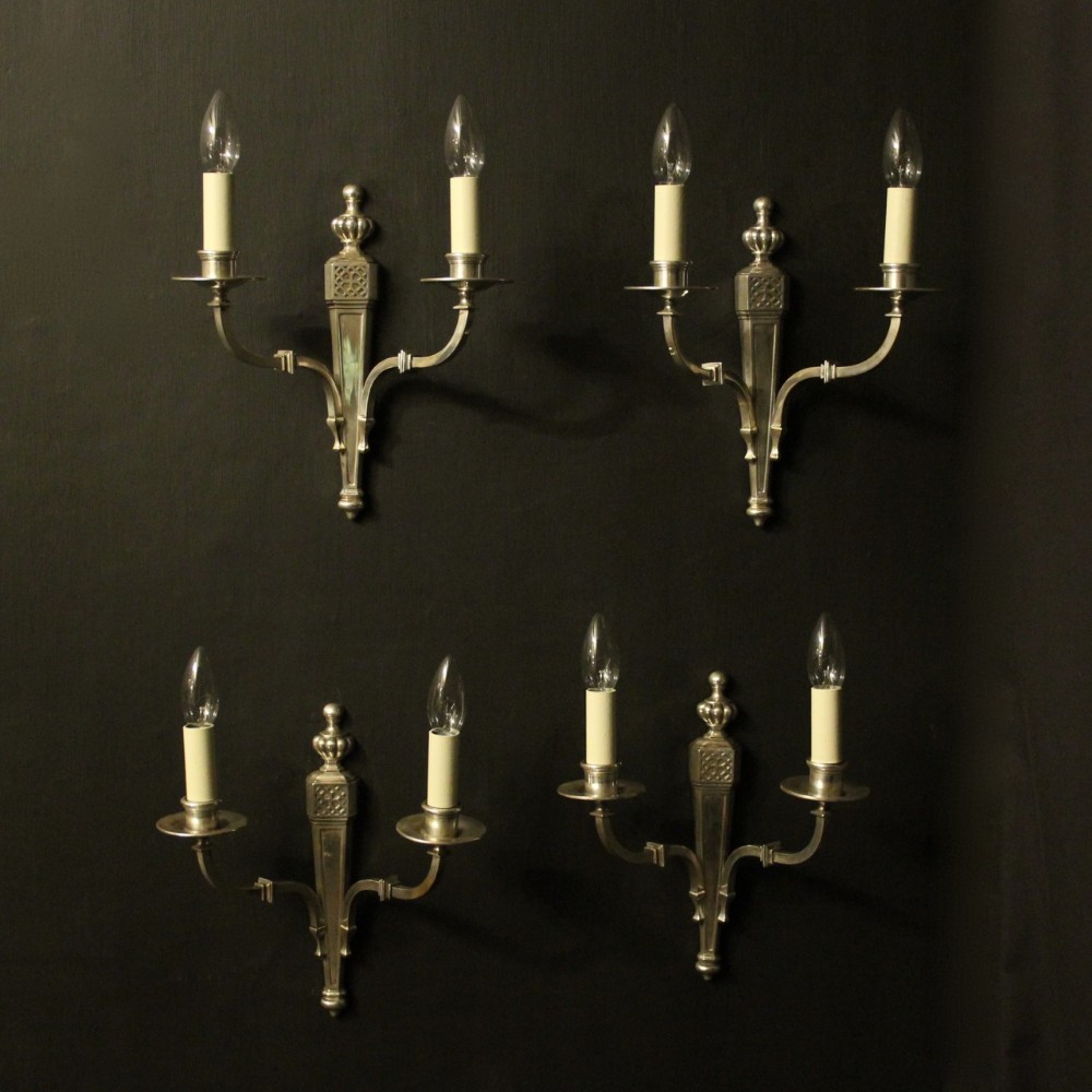 English Set Of 4 Twin Arm Nickel Antique Wall Lights