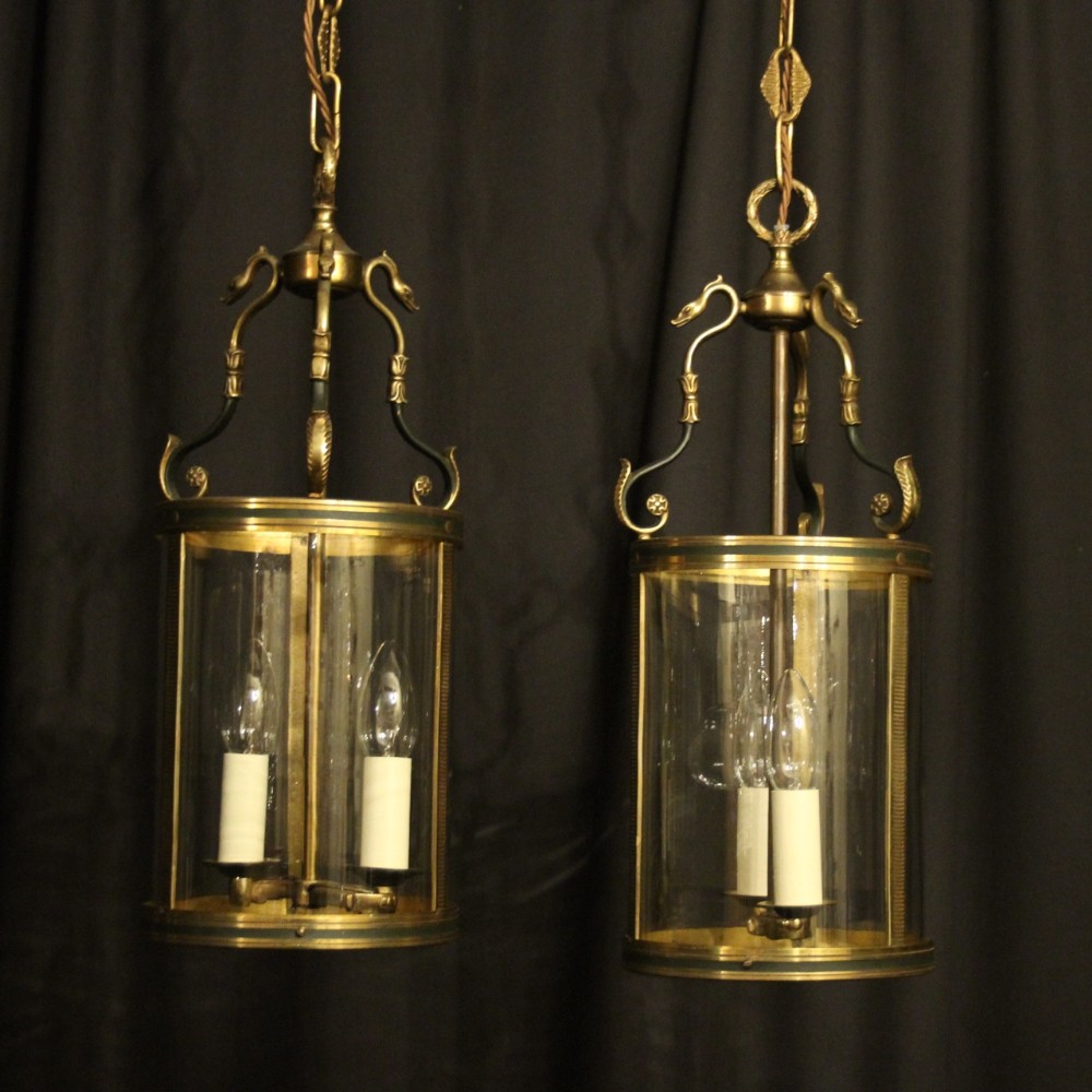 French Pair Of Gilded Empire Convex Antique Hall Lanterns