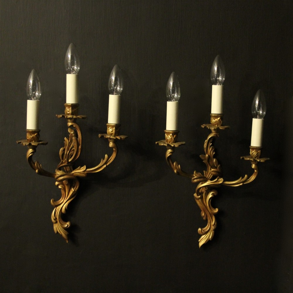 French Pair Of Gilded Triple Arm Antique Wall Lights