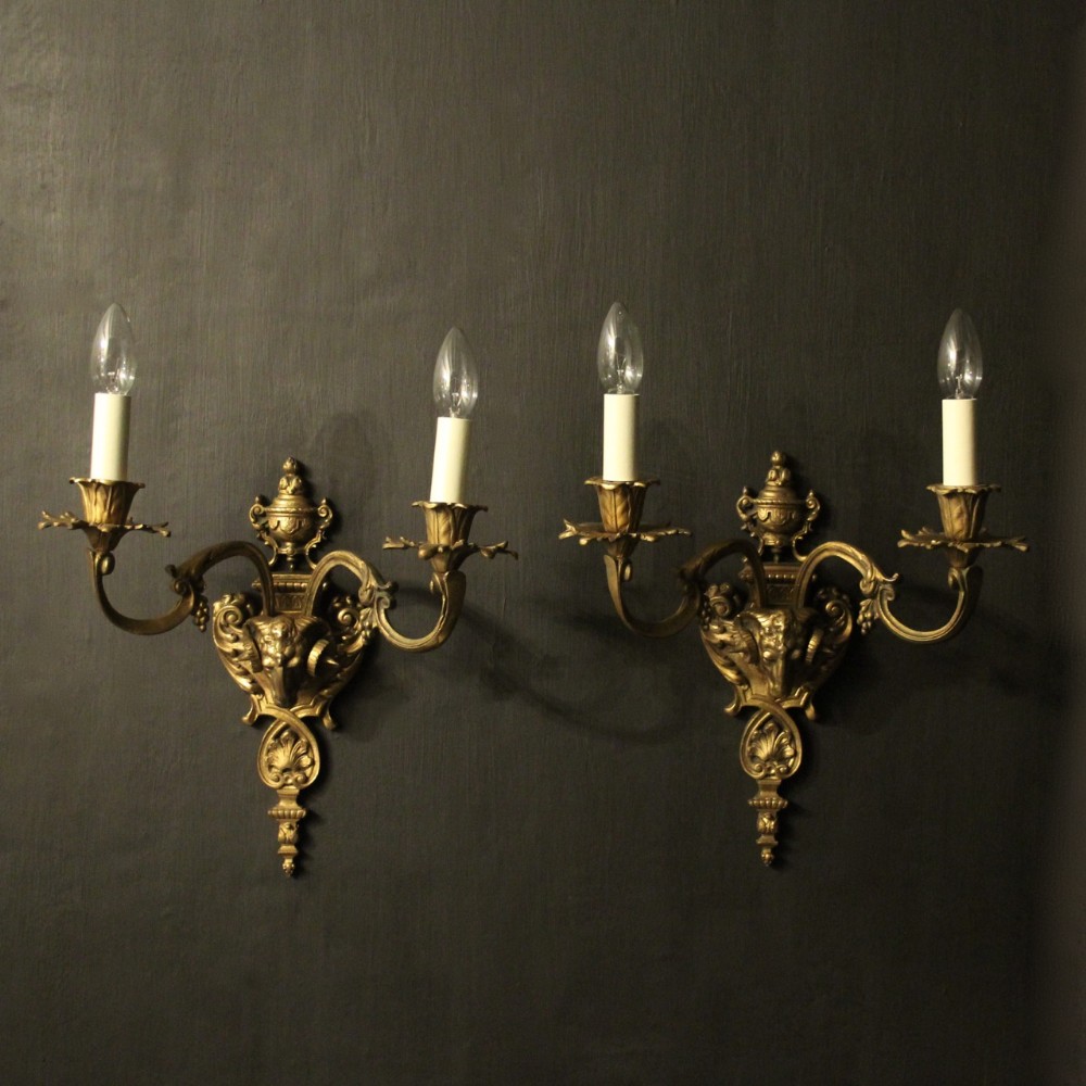 English Pair Of Gilded Twin Arm Antique Wall Lights