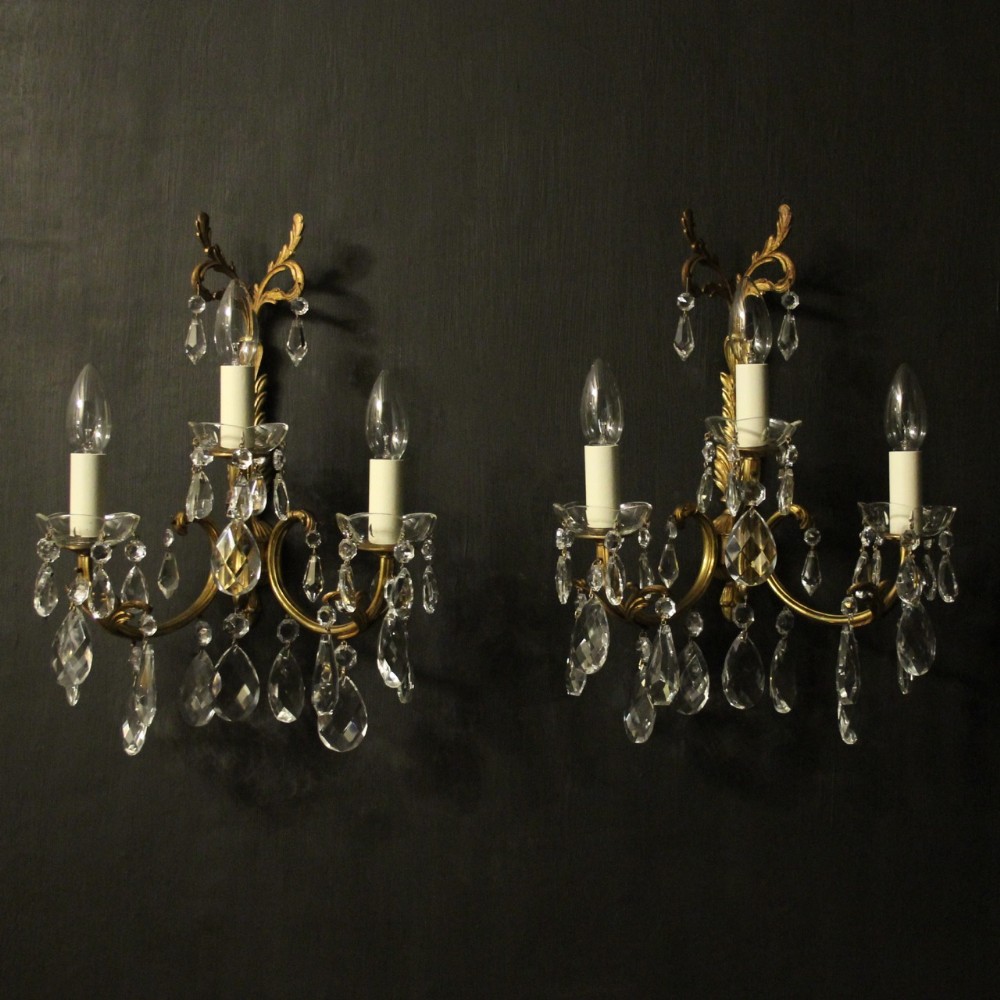 French Pair Of Gilt & Crystal Antique Wall Lights