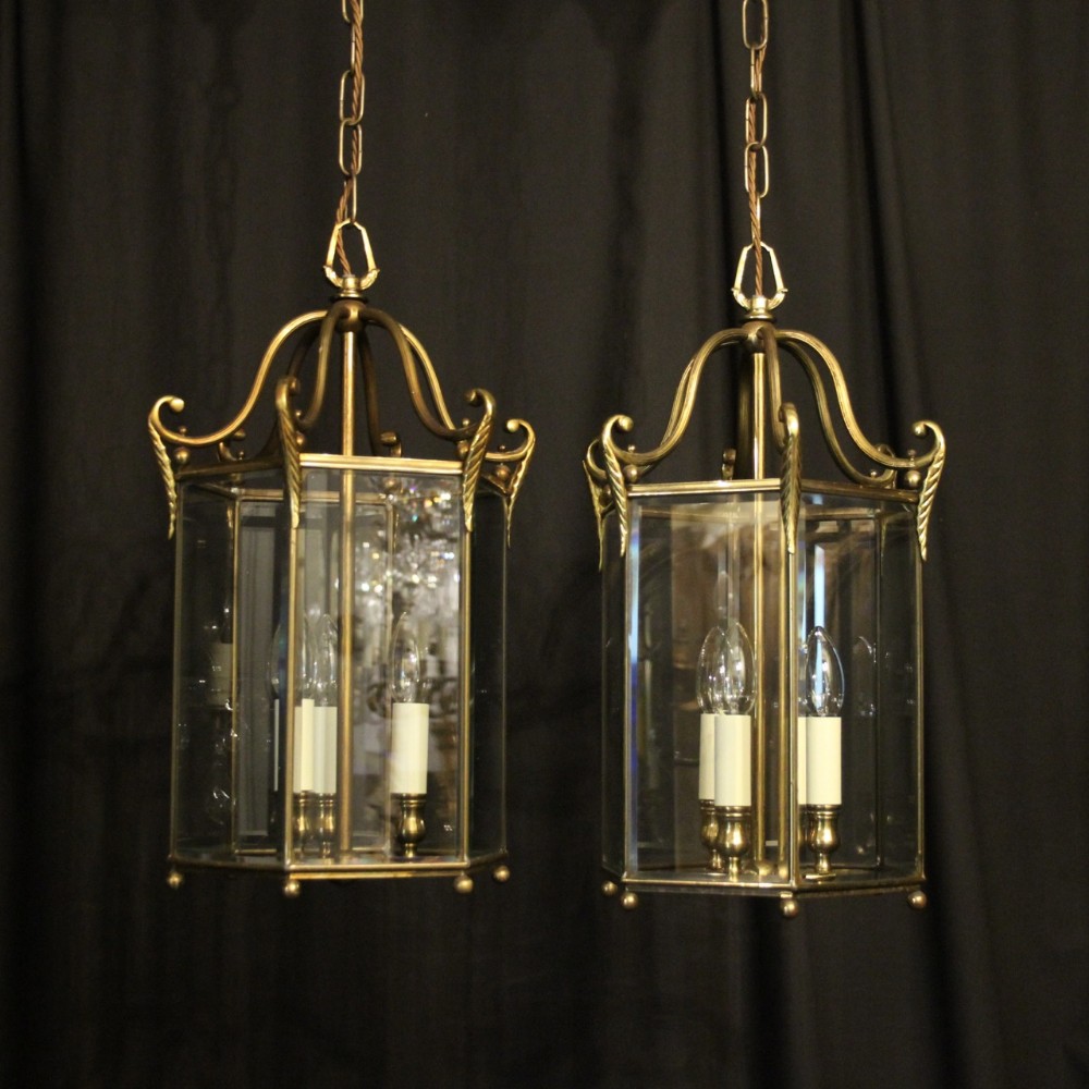 French Pair Of Gilded Hexagonal Antique Hall Lanterns