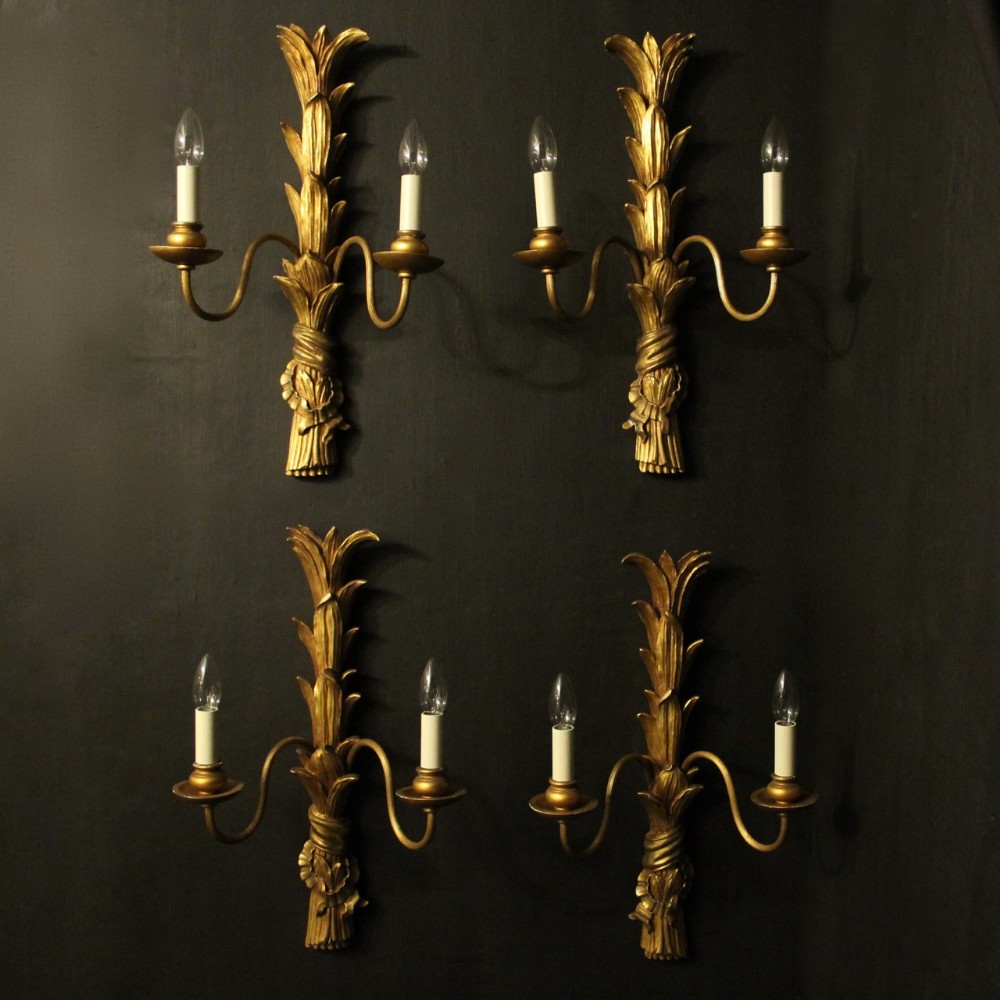 French Set Of 4 Twin Arm Giltwood Antique Wall Lights