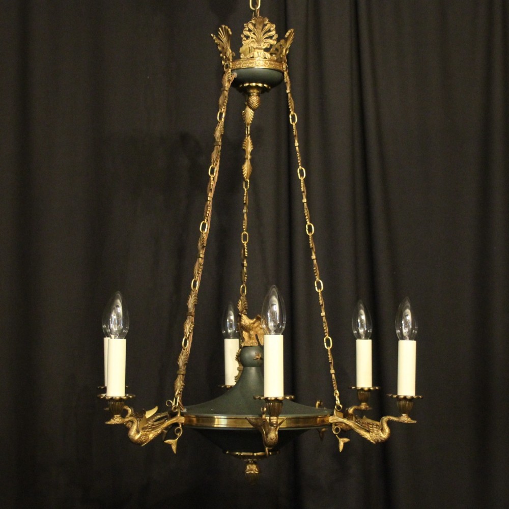 French Gilded Brass Empire 6 Light Chandelier