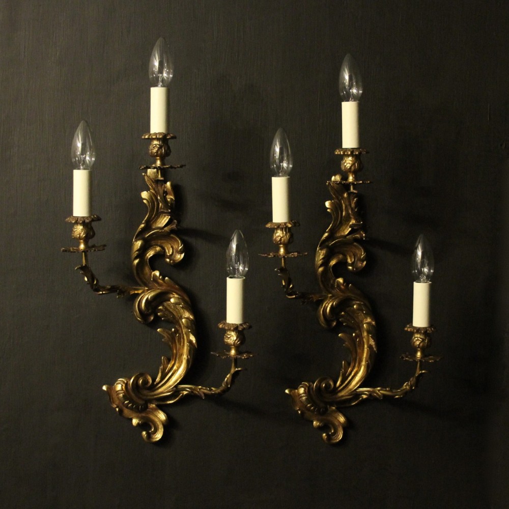 French Pair Of Gilded Triple Arm Wall Lights