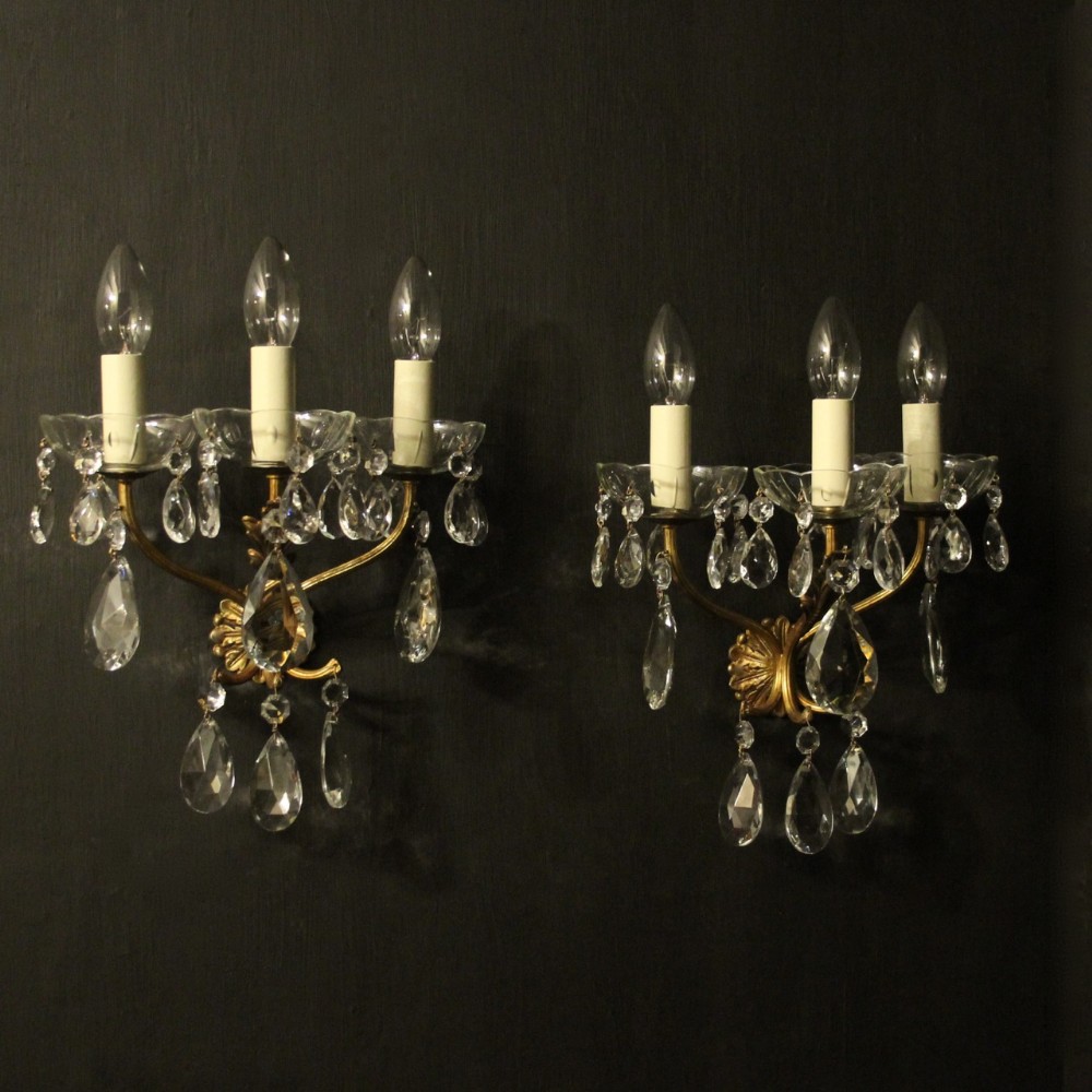 French Pair Of Gilded & Crystal Wall Lights