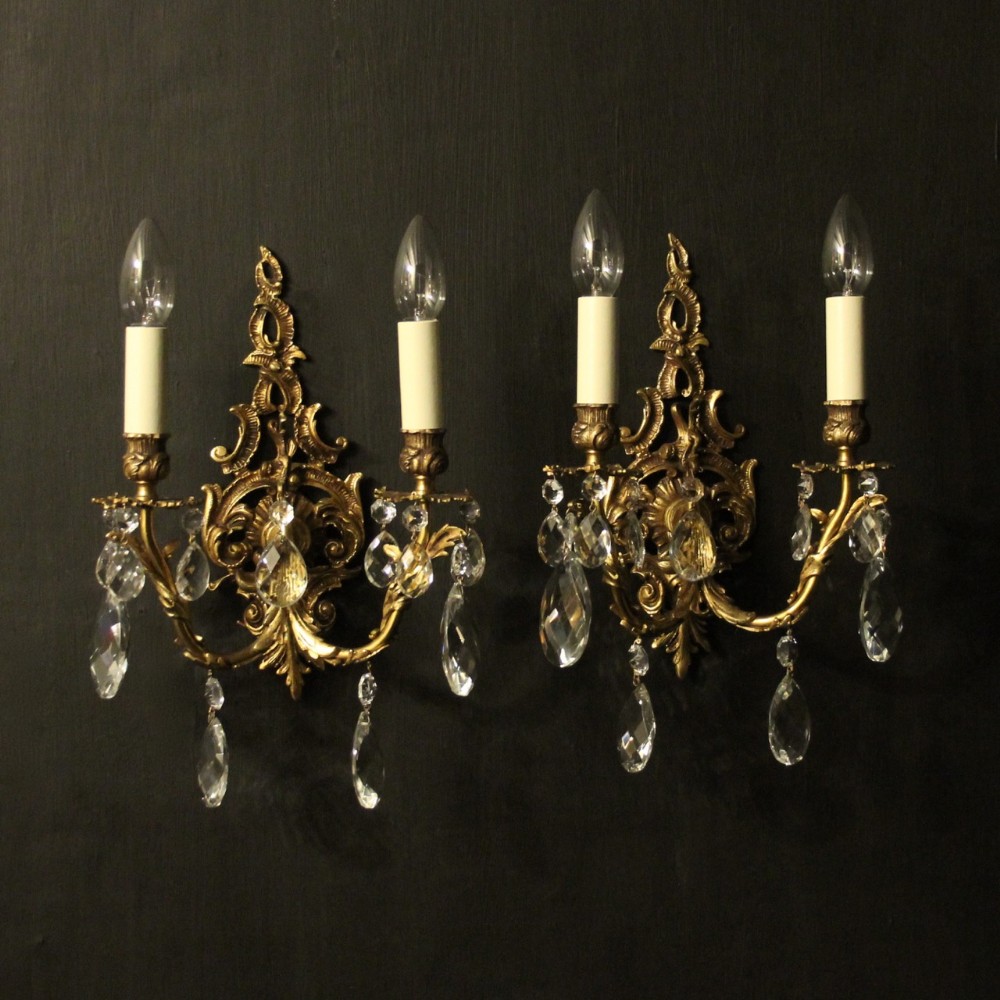 French Pair Of Gilded & Crystal Wall Lights