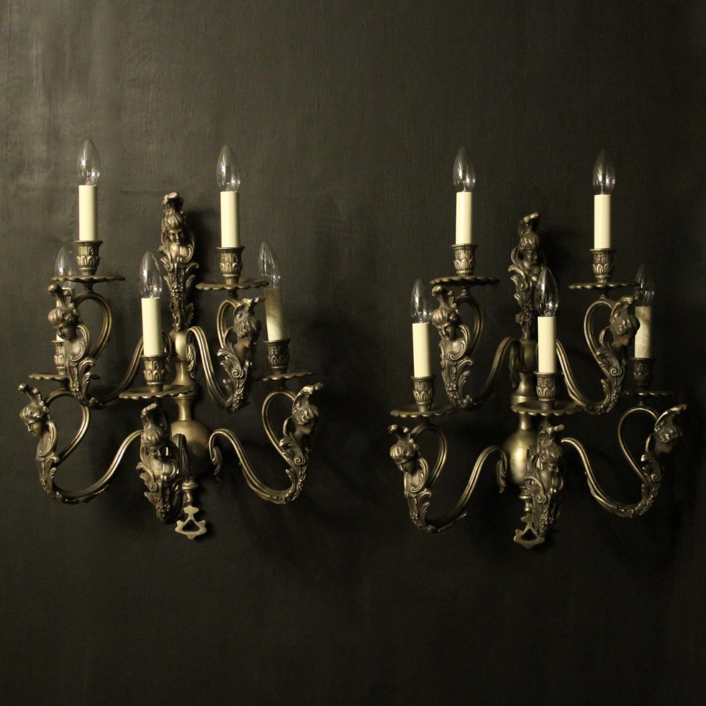Italian Large Silver Gilded 5 Arm Double Tiered Wall Lights