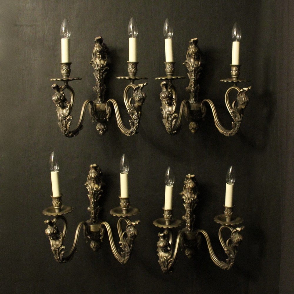 Italian Set Of 4 Silver Gilded Twin Arm Wall Lights