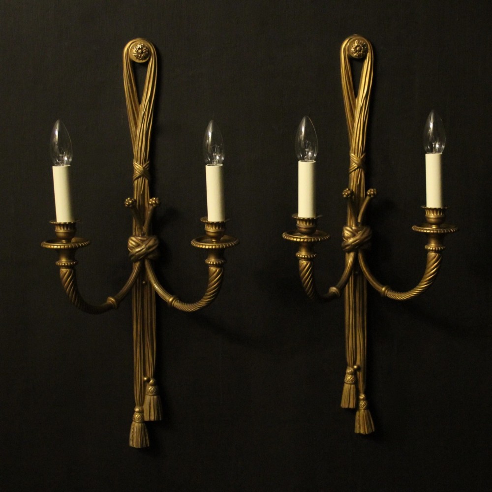 French Pair Of Gilded Bronze Rope Antique Wall Lights