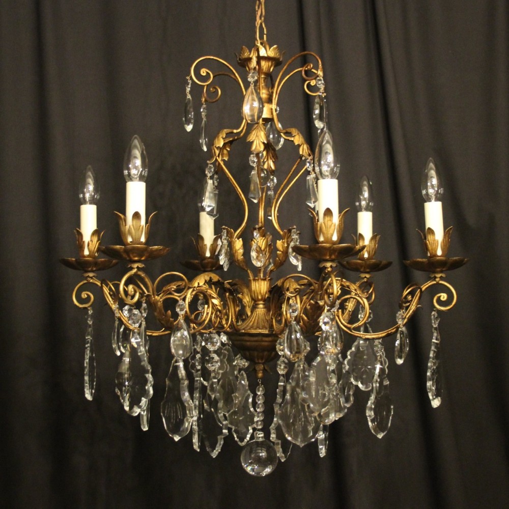 Italian Florentine 6 Light Gilded & Crystal Chandelier