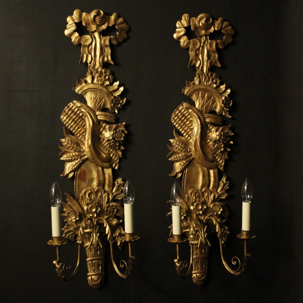 French Large Pair Of Giltwood Leaf Twin Arm Wall Lights