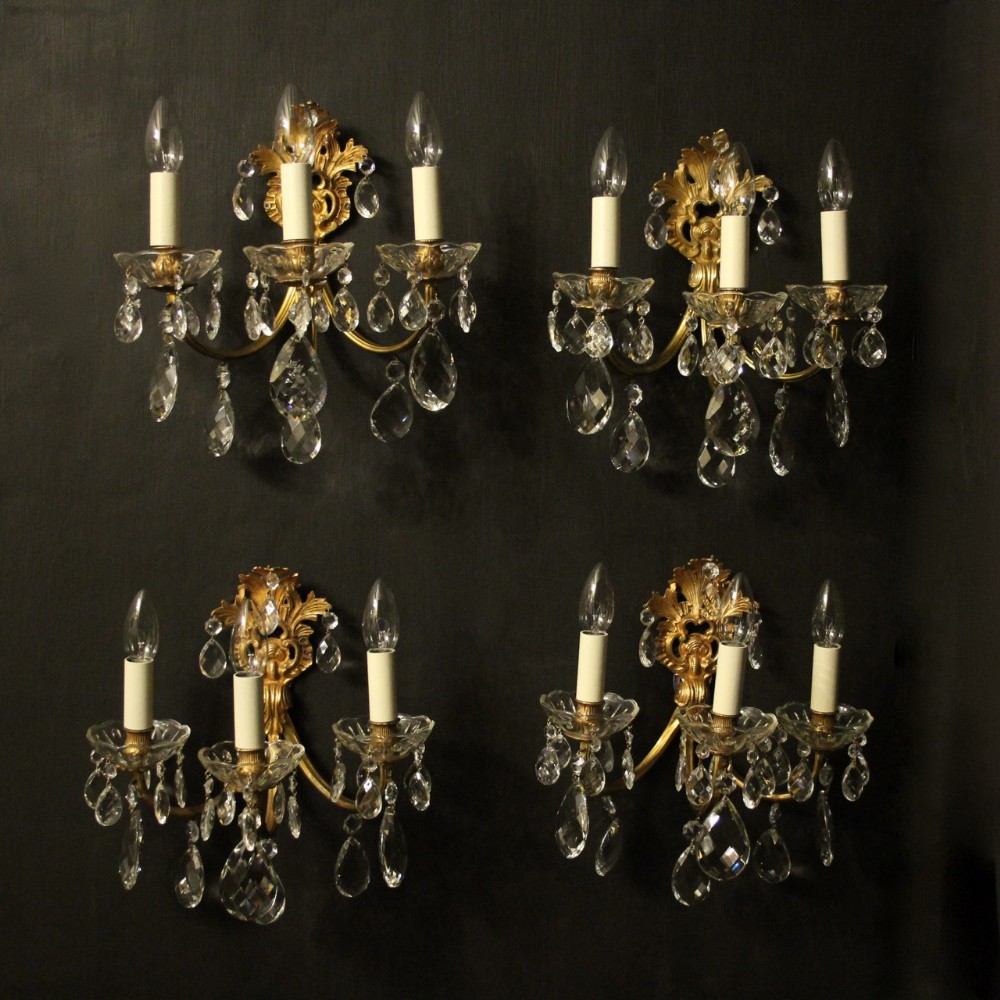French Set Of 4 Gilded & Crystal Antique Wall Lights