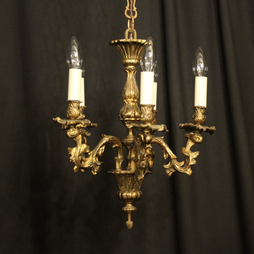 French Gilded Brass 5 Light Antique Chandelier