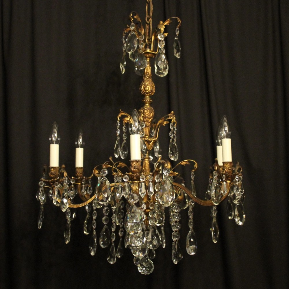 Italian Gilded Bronze & Crystal 6 Light Antique Chandelier