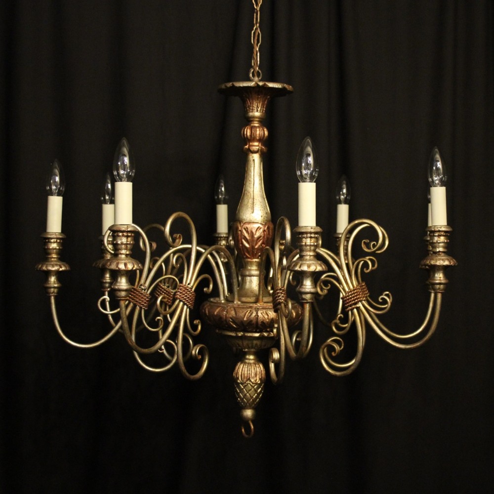 Italian Florentine 6 Light Silver Wooden & Polychrome Chandelier