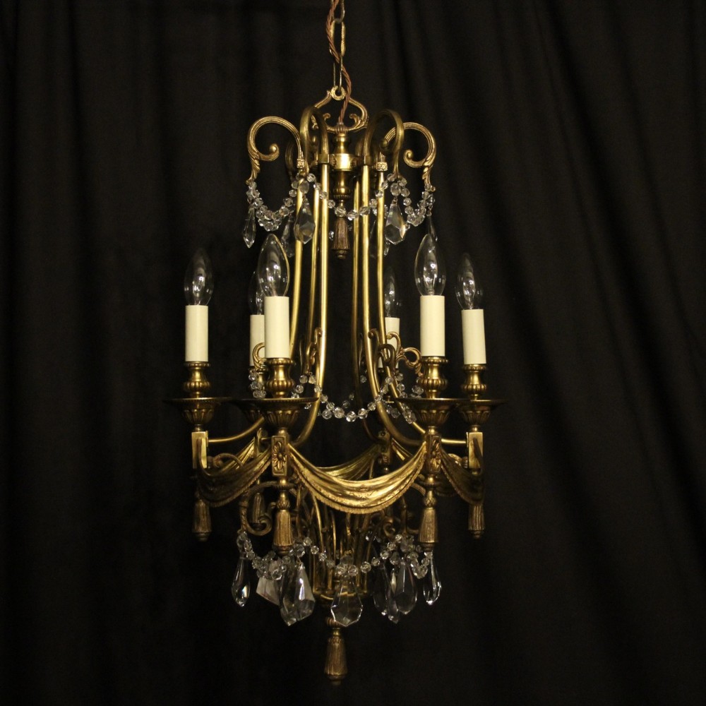 French Gilded Bronze & Crystal 6 Light Antique Chandelier