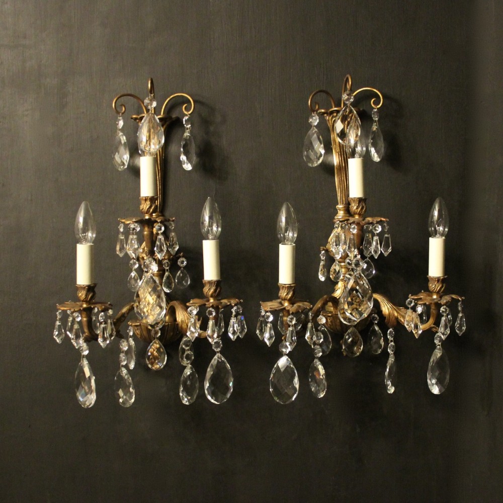 French Pair Of Gilded Bronze & Crystal Antique Wall Lights