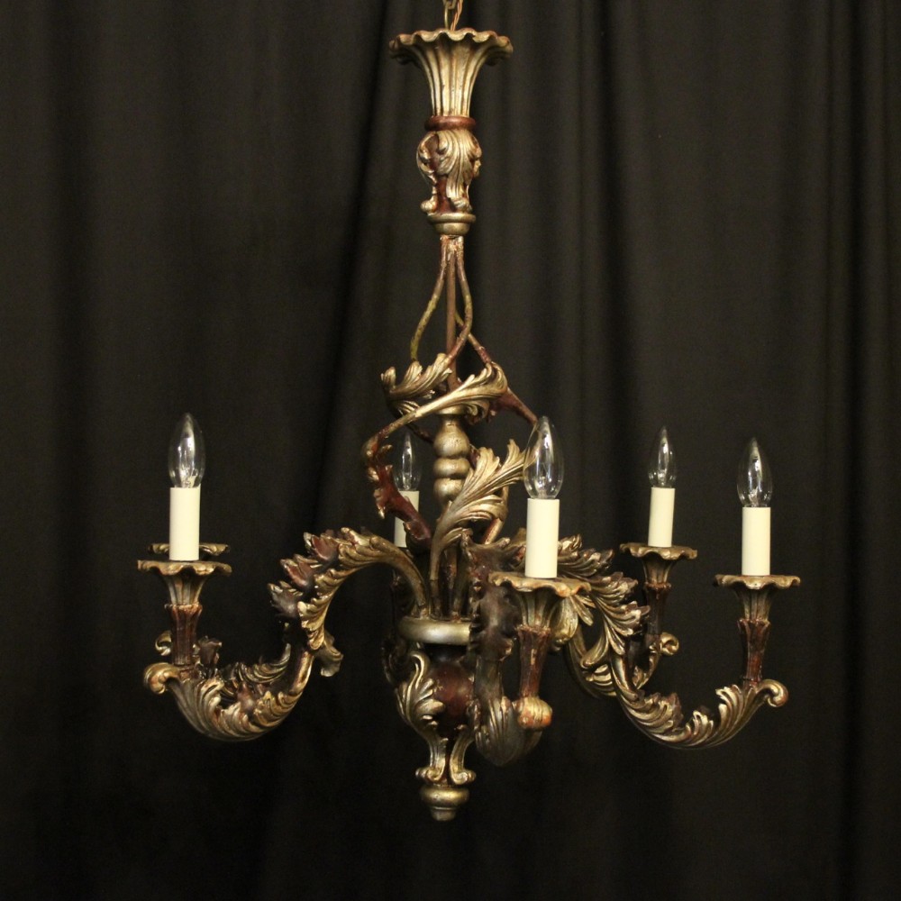Italian Florentine 6 Light Silver Giltwood Chandelier