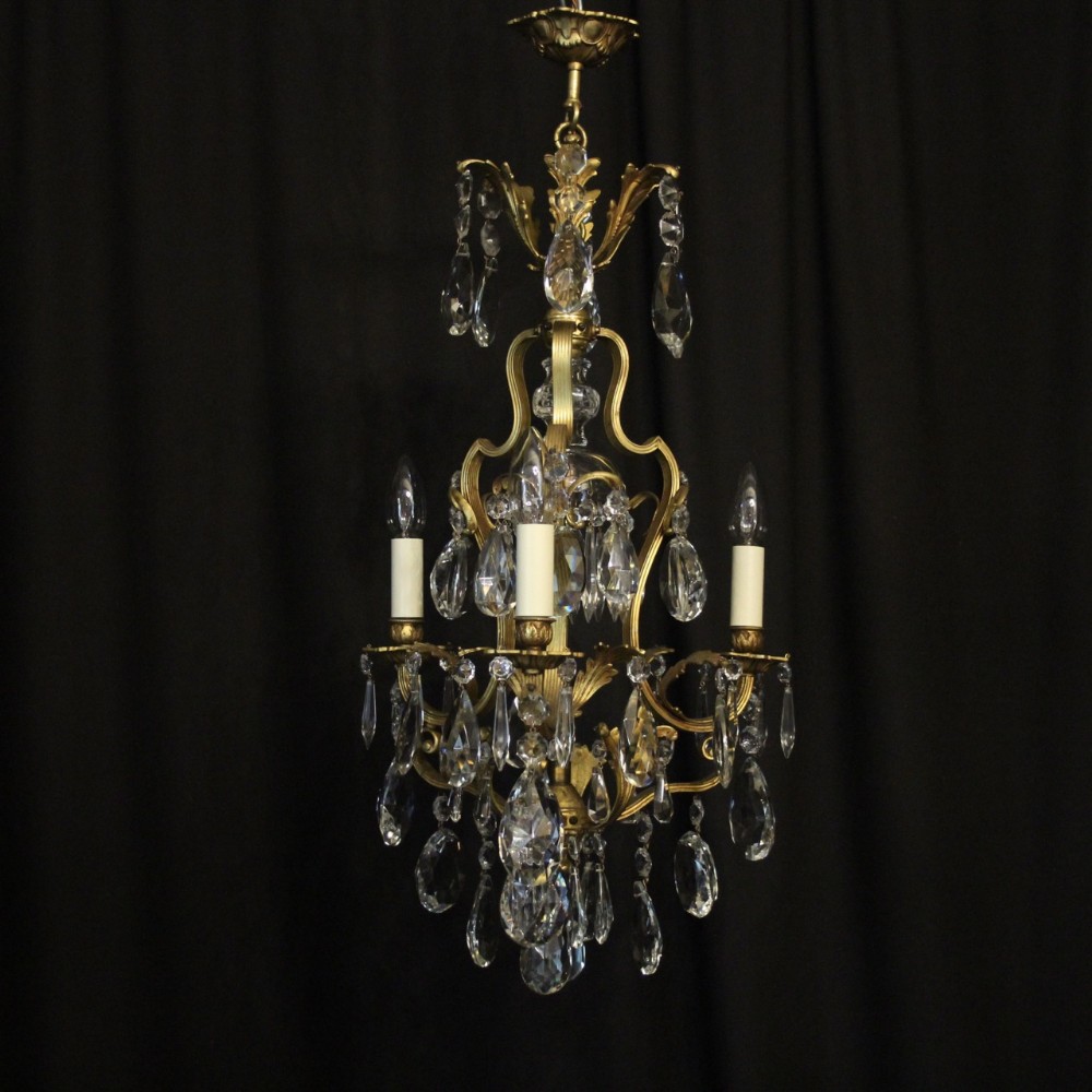 French Gilded Crystal Birdcage Antique Chandelier