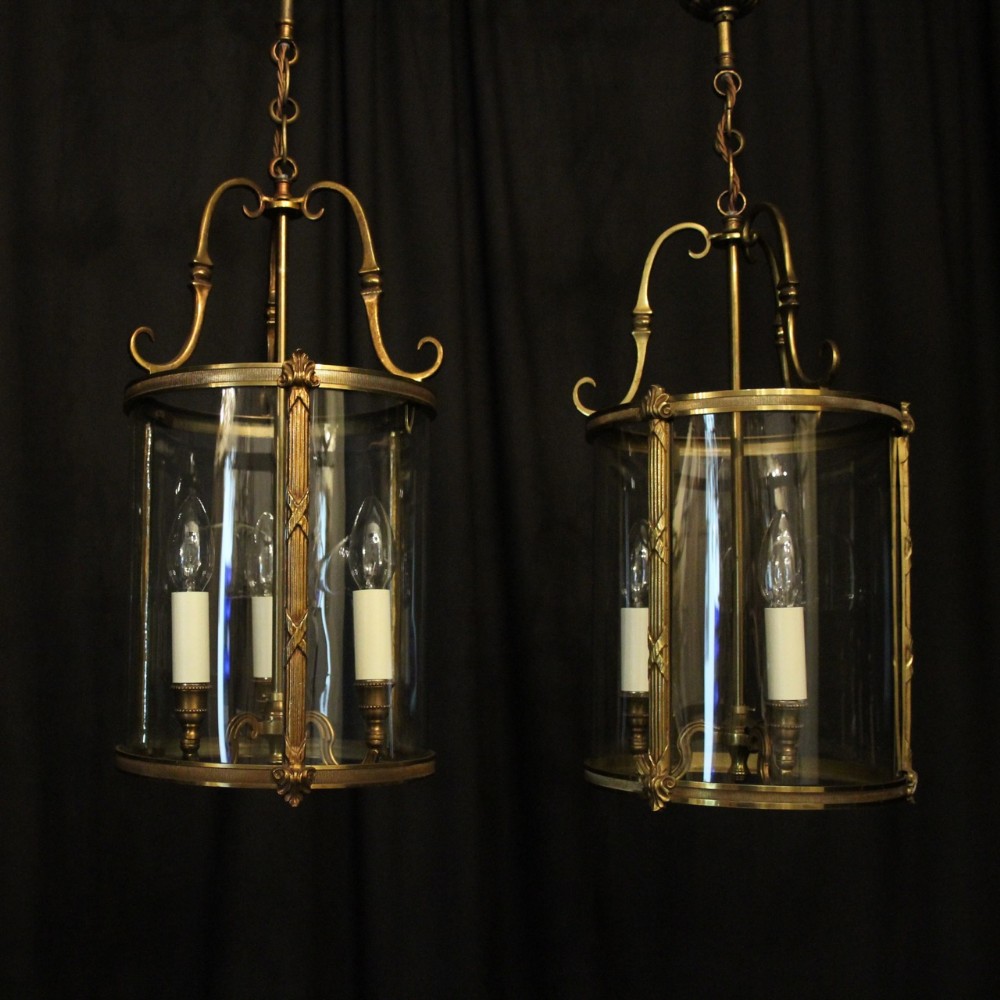 French Pair Of Gilded Antique Convex Hall Lanterns