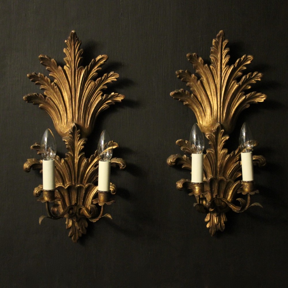 Italian Pair Of Giltwood Leaf Twin Arm Wall Lights