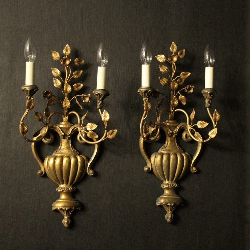 Italian Pair Of Giltwood Twin Arm Wall Lights