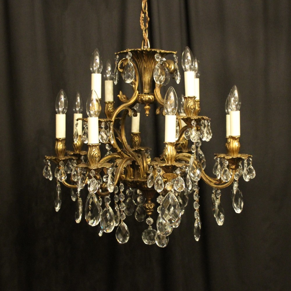 Italian Gilded Bronze & Crystal 12 Light Antique Chandelier