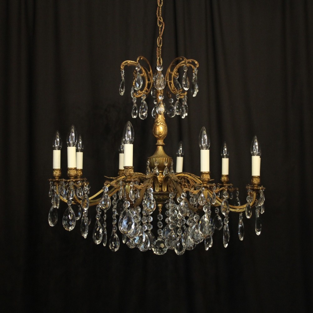 Italian Gilded Bronze & Crystal 10 Light Antique Chandelier