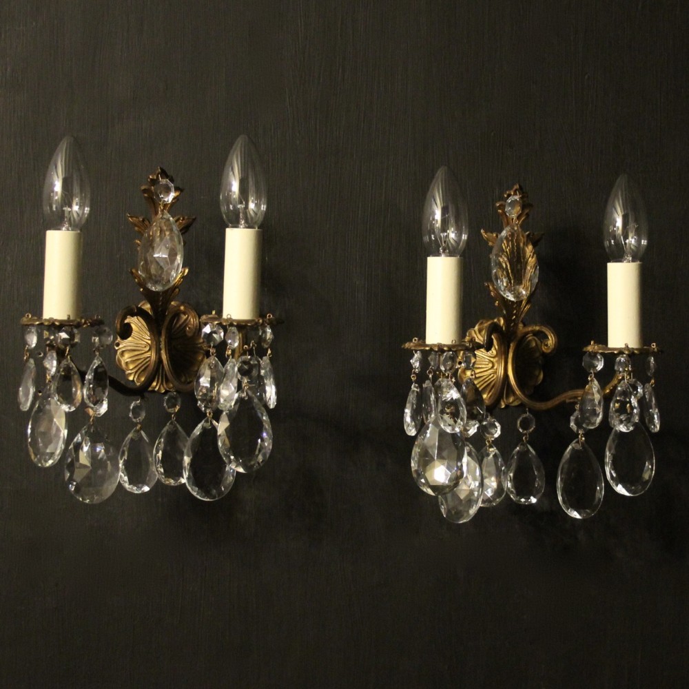 Italian Pair Of Gilded & Crystal Wall Lights