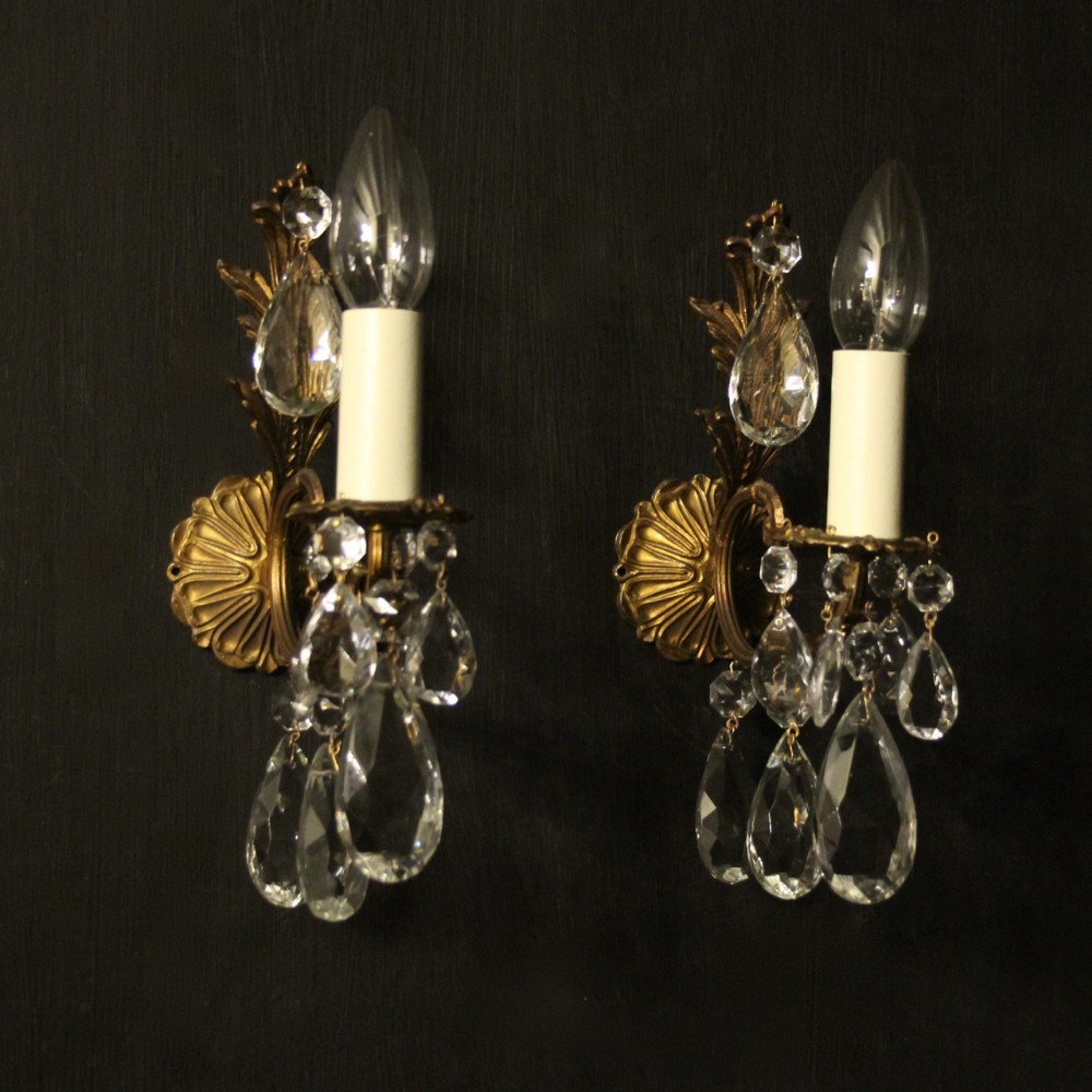 Italian Pair Of Gilded & Crystal Wall Lights