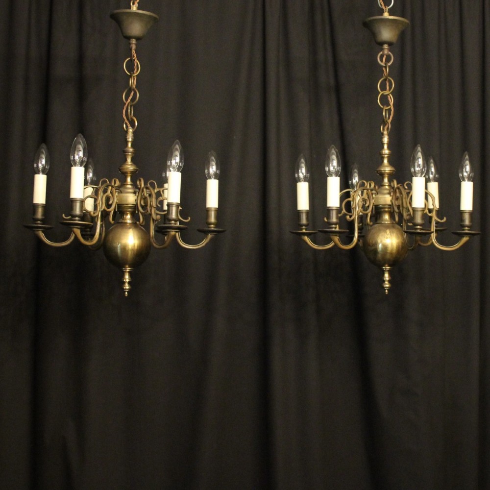 English Pair of 6 Light Antique Chandeliers